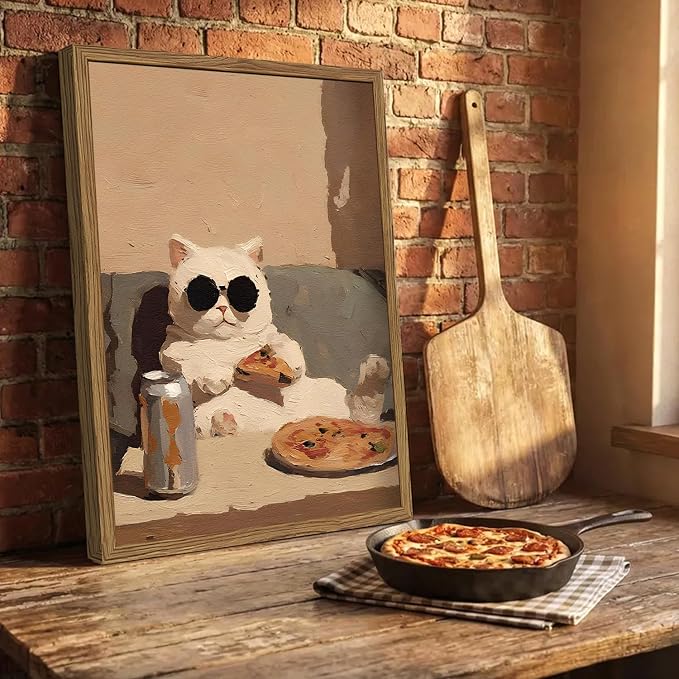 Funny Kitchen Cat Wall Art, Whimsical Animal Wall Decor Painting 3D Textured Sandstone Poster Picture Print Cute Cat Artwork for Bedroom Dining Room Nursery 16x24 inch Wood Framed