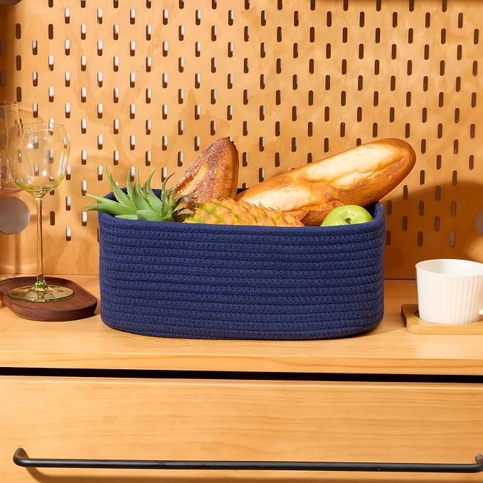 MiniArk Small Storage Baskets for Organizing | Closet Organizer Bins | Shelf Toy Basket | Woven Rope Baskets | Cube Decorative Box | Shallow Basket | 13x8.5x5.1” | 3 Packs Navy Blue