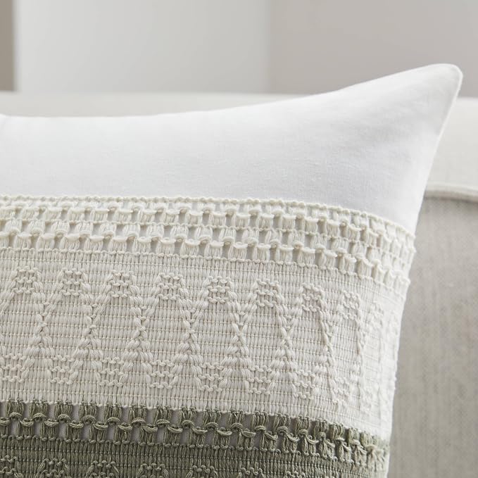 2pk Boho Pillow Covers 12x20, Natural White/Contrast/Green | 100% Organic Cotton Body, Stripe Embroidery, Farmhouse Decorative Cushion Covers for Sofa Bed Living Room Home Decor