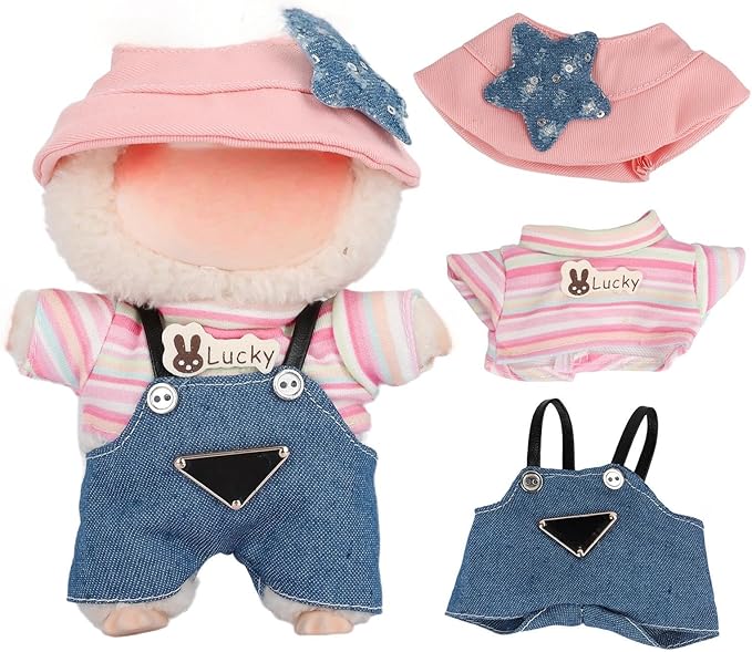 17 cm Doll Clothes - Premium Doll Clothing & Accessories, Casual Doll Clothes & Accessories - Star Cap + Striped T-Shirt + Denim Strappy Pants (Style D)