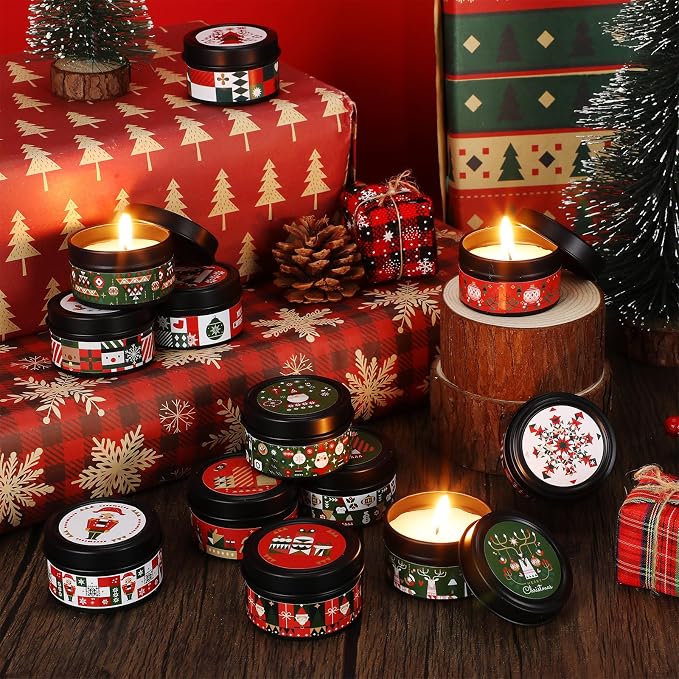 MTLEE 24 Sets Christmas Scented Soy Wax Candles Aromatherapy Candles with Organza Bag and Cards Bulk, Portable Travel Tin Candle Party Favors Christmas Gifts for New Year Home Supplies (Abstract)