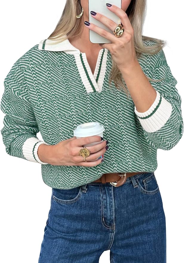 Saodimallsu Womens Fall Sweaters Tops Lapel V Neck Knit Color Block Shirt | Winter,Long Sleeve,Casual,Soft,Pullover,Cozy,Ribbed,Ladies,Chunky,Warm Sweaters,Checkered,Tunic,Work