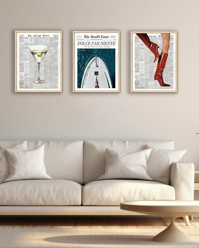 EcoHest 12x16 in Martini Newspaper Framed Wall Art for Bar Cart | Natural Oak Wood Frame, Canvas Wall Art, Martini Cocktail Bar Cart Decor for Living Room, Apartment, Dorm Room, Bedroom,1Pack