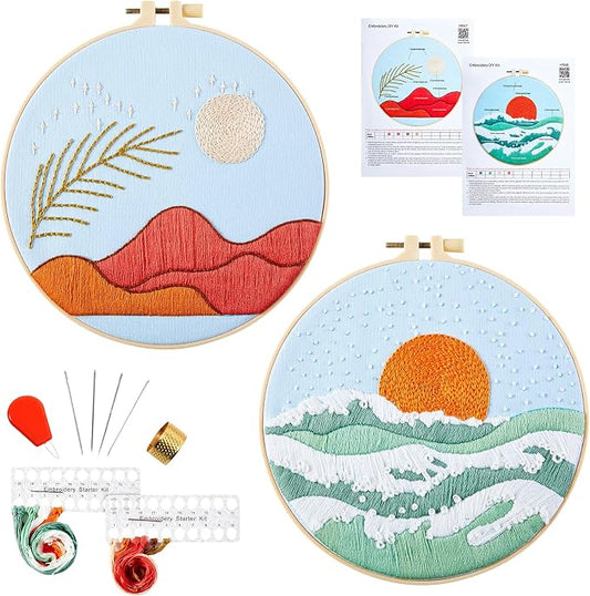 Armindou Hand Embroidery Starter Kit for Beginners Adults, Counted Cross Stitch kit for Adult Beginner, Stamped Embroidery Needlepoint Kit, 2 Set Embroidery Supplies, 2 Hoops (Attached Video Tutorial)