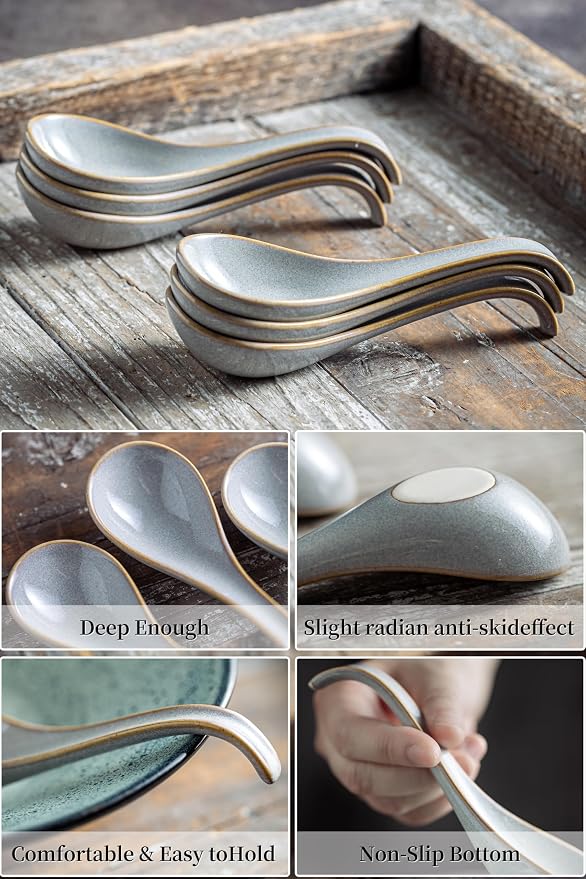 LYEOBOH Ceramic Asian Soup Spoons Set of 6, Ramen Spoons with Long Handle | Japanese Ramen Spoons with Deep Hook Design for Miso Rice, Chinese Soup Spoons for Kitchen, Dishwasher Microwave Safe, Gray