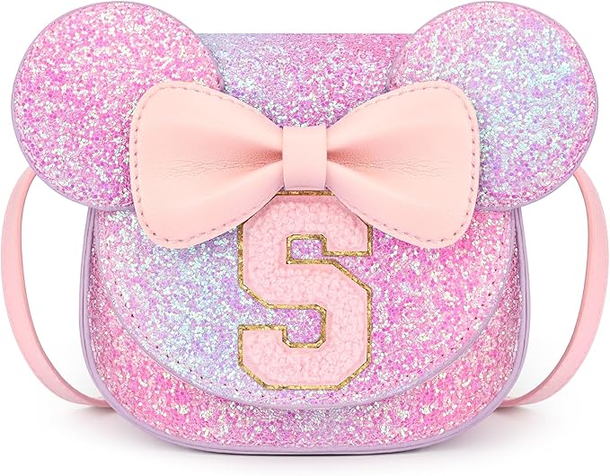 mibasies Toddler Purse Girl Gifts: Girls Birthday Gifts for 3-8 - Toys for Ages 2-4 Girls Mouse Ears Purse, Purple Rainbow, Letter S