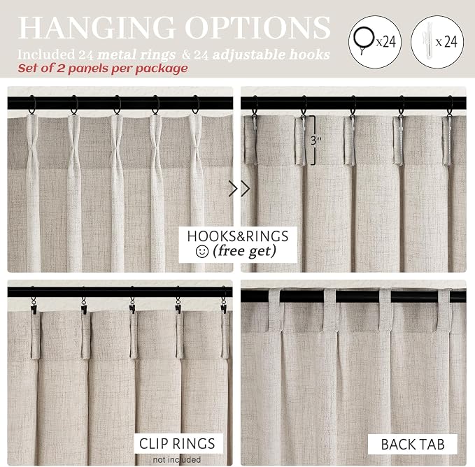 70 Inch Extra Wide Pinch Pleated Linen Light Filtering Dining Room Curtains 102 Inches Long, Greyish Brown Memory Trained Privacy Boho Sheer Curtain Energy Efficient Heavy Windows Drapes 2 Panels Set