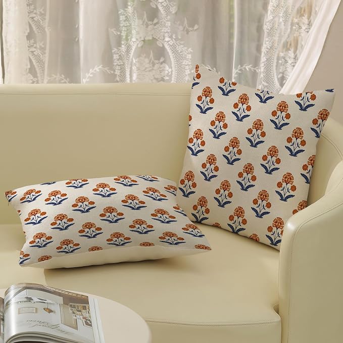 Orange Navy Blue Floral Pillow Covers 18x18 Set of 2, Vintage Block Print Flower Decorative Throw Pillows Modern Rustic Cushion Covers for Sofa Couch Bed Living Room Home Decor for Couch Sofa
