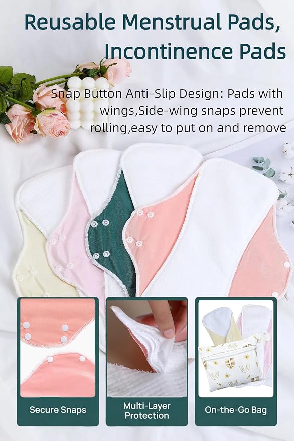 Washable Menstrual Pads,Reusable Incontinence Pads,Cloth Pads Sanitary Napkins,with 1 Storage Bag,Panty Liners/Cotton Pads Period for Women/Postpartum/Incontinence Patients(Colorful/L/5pcs)