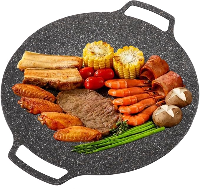 Korean Grill Pan,11.8inch Nonstick Round Griddle Grill Pan for Korean BBQ,Round BBQ Griddle with Handle,Multifunctional Stove Plate for Meats, Pancakes, Ribs