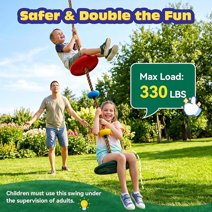 HeyZoo Dual Large Disc Tree Swing for Kids 330LB Capacity, Rope Swing with 3 Small Platforms, Outdoor Backyard Playground Seats Set with Carabiner and Thickened Strap, 1 Pack