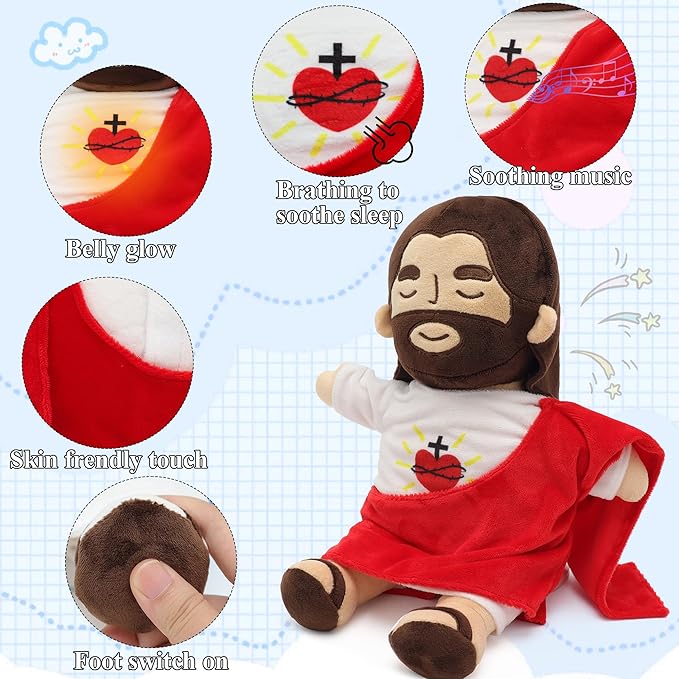 Officially Jesus Plush Breathing Soothing Stuffed Animal Heart of Jesus Toy Savior Doll for Church Sunday School Religious Easter Gift (Brown)