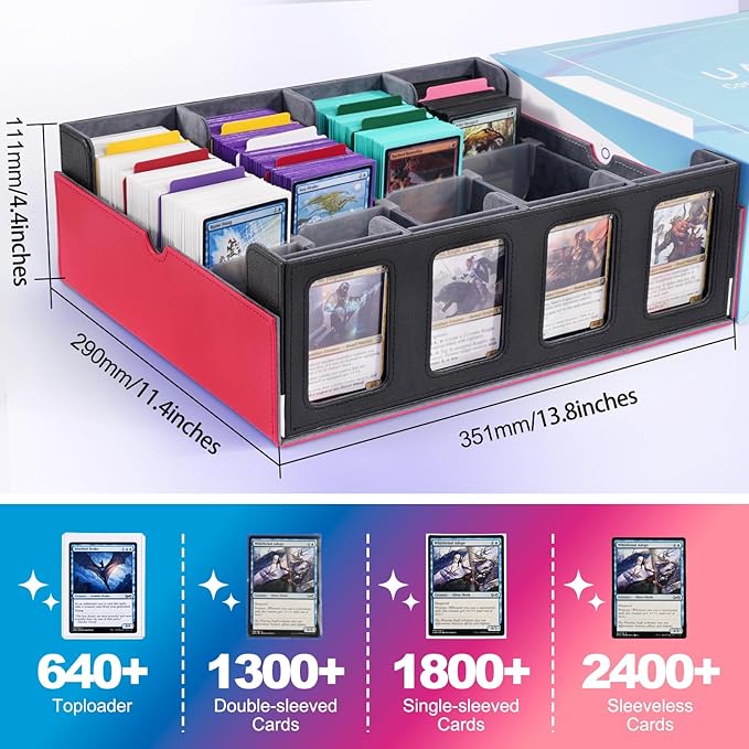 UAONO Trading Card Storage Box with Commander Display; 2400+ Deck Box for MTG with Removable Cover; Top Loaders Card Case fits Magic TCG PTCG Sports Cards; 24 Dividers, 4 Stoppers (Red, White)