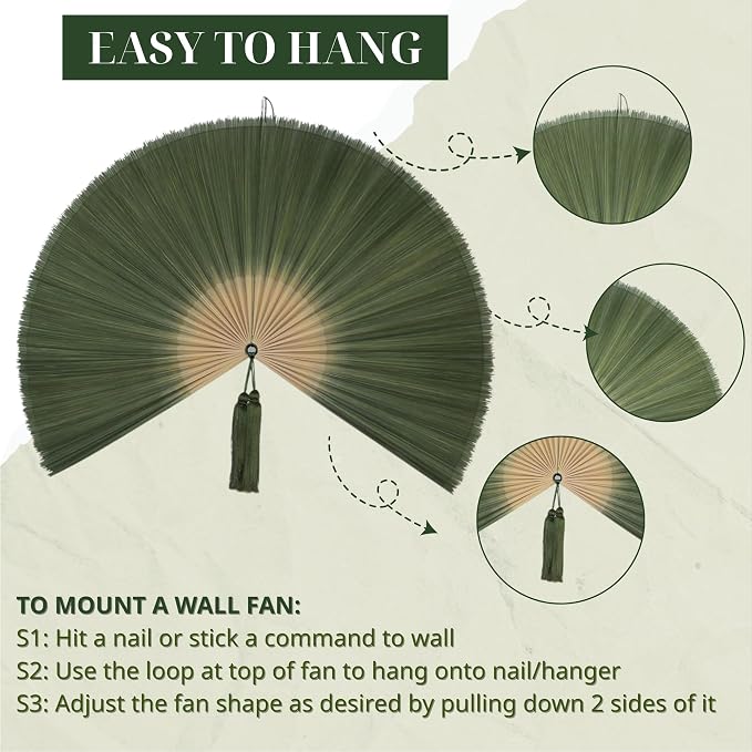 ChumDecor Bamboo Fan Wall Decor,Japanese Chinese Wall Fans,Large Bamboo Fan Wall Art for Boho Hanging Headboard, Decorative Folding Fans (Dark Moss Green 60inch)