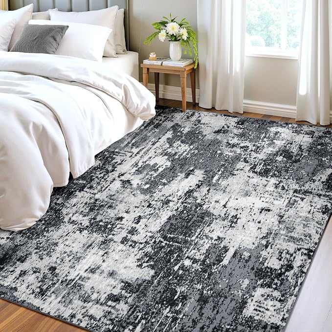 RELEANY Washable 4'x5' Abstract Area Rug for Living Room Black White | carpet for bedroom, kitchen, office, hallway and entryway, printed pattern, non-slip, soft, stain-resistant, easy to clean