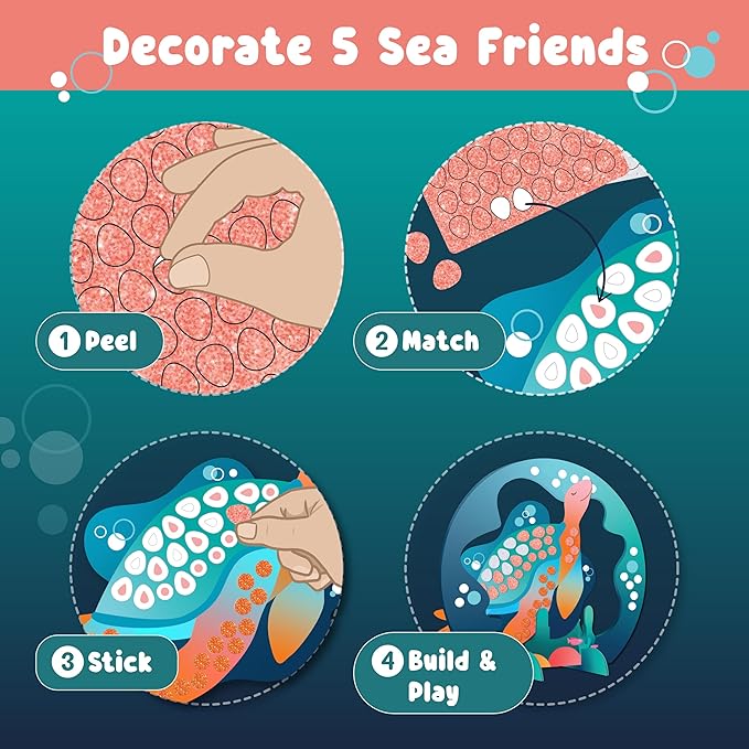 BINCA Foam Sticker Mosaic Art Activity, 750+ 3D Glitter Foam Stickers, 5 Underwater Animals with Display Arch, DIY Mess-Free Activities, Felt Craft Kits & Gifts for Boys & Girls Ages 5,6,7,8