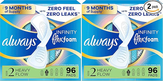 Always Infinity Feminine Pads for Women, Flexfoam Pads with Wings, Size 2, Heavy Absorbency, Unscented, 96 Count (Pack of 2)