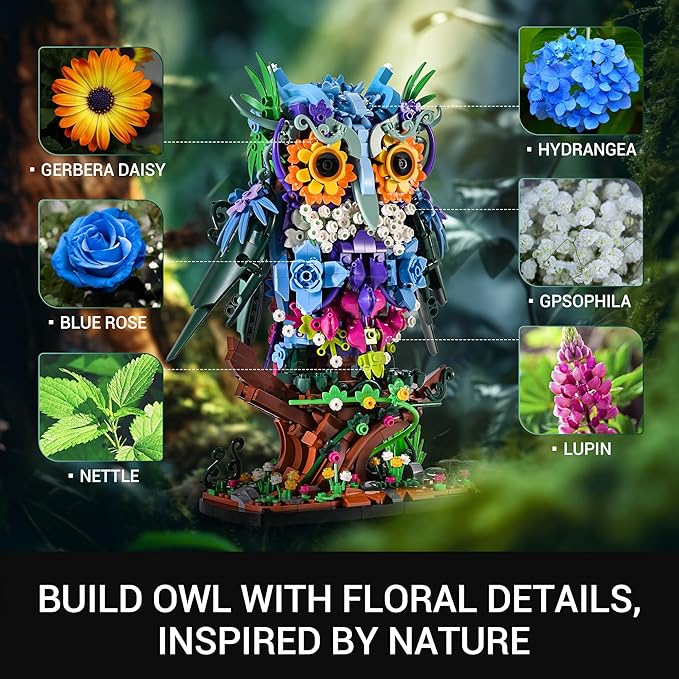 Sillbird Flower Owl Building Sets for Adults Halloween Creative Gift Ideas for Women Men Mom Her, Home Decor Display or Table Centerpieces - Buildable Floral Animals Botanical Model Collection