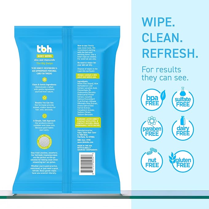 TBH Kids XL Wipes for Kids and Teens –Extra Large Wipes, Alcohol Free Disposable Washcloths, Unscented Cleansing Cloths for Teen Girls & Boys – 3 pk (60ct total)
