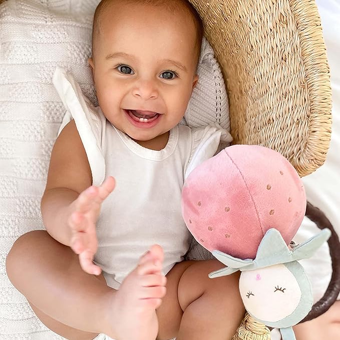 MON AMI Pinky Berry Soft Baby Rattle Toy – 7” Plush Stuffed Animal with Sound, Baby Rattle for Infants