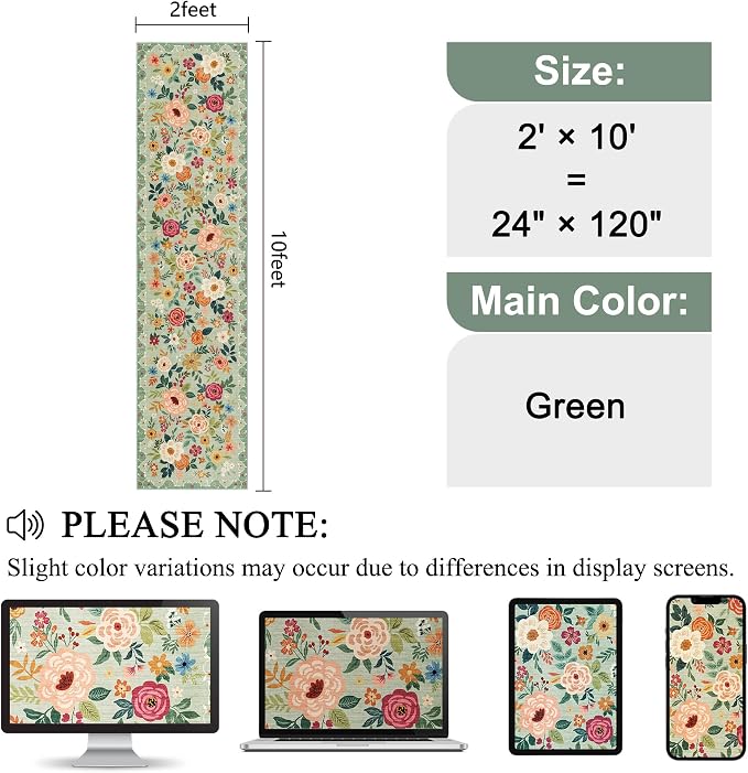 DUKINO 2x10 Runner Rug, Floral Washable Kitchen Runner Rug Non Slip, Green | Soft, Low Pile, Stain Resistant Indoor Rug Runner for Hallway, Entryway, Bedroom, Bathroom, Laundry, Pet Friendly, Home Decor