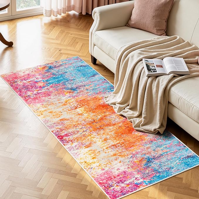 Rugflix 2x8 Runner Rug for Entryway, Washable Colorful Rainbow Runners | Machine Washable; Stain-Resistant; Low Pile; Non-Slip; Modern Abstract; Carpet for Entryway Kitchen Hallway Home