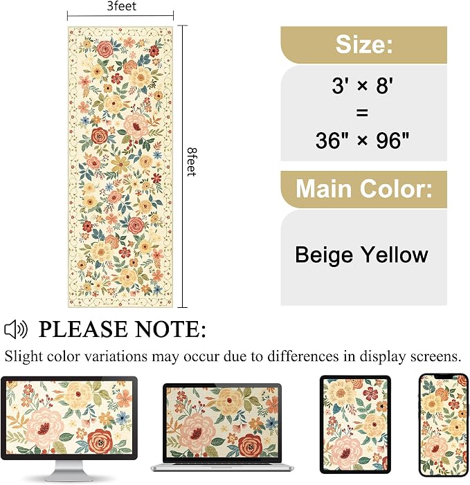 DUKINO 3x8 Hallway Runner Rug, Washable Kitchen Rug Non Slip, Beige Yellow | Soft, Low Pile, Floral Indoor Carpet Runner for Hallway, Entryway, Bedroom, Bathroom, Laundry, Pet Friendly, Home Decor