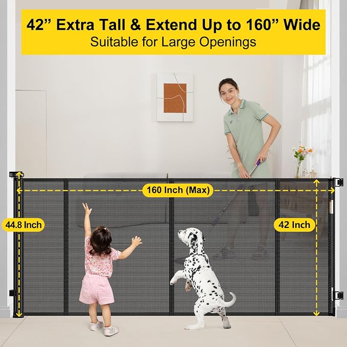 Reinforced 42” Tall x 160” Extra Wide Retractable Baby Gates with Support Rods, Outdoor Pet Gate for Wide Openings, Tall Baby Gates for Dogs Extra Long Dog Gate Large Outdoor Gates for Decks, Black
