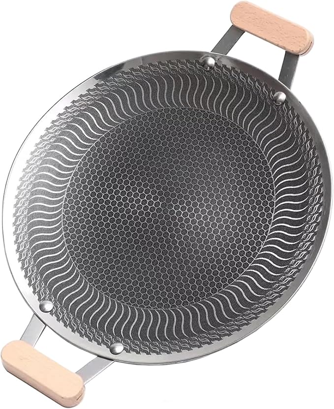 Korean BBQ Grill Pan Nonstick Round Griddle Pan Portable Stainless Steel Skillet Pan with Handle Dinner Server Pan,15inch