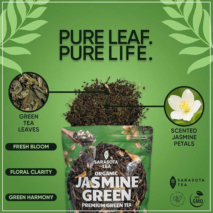 Organic Jasmine Green Loose Leaf Tea | Fragrant Chinese Green Tea Scented with Jasmine Blossoms | USDA Organic | 8oz Bulk Bag | Floral & Smooth | Hot or Iced | Non-GMO