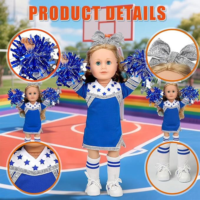 ARTST Cheer Uniform Doll Outfit-18 inch Doll Clothes & Accessories Set Including Pom Poms,Shoes,Socks and Hairbow,Sport Gifts for Girls Age 6+(Blue and White)