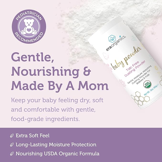 Era Organics Talc-Free Organic Baby Powder - USDA Organic Dusting Powder with Arrowroot, Calendula and Cornstarch for Newborns, Babies or Toddlers - Soothing, Fragrance Free (3oz/85g) - 3 Pack
