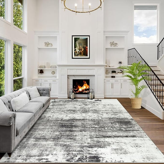 8x10 Area Rugs Washable Rug: Large Modern Abstract Living Room Rug Soft Anti-Skid Thin Carpet Indoor Floor Non-Shedding Carpets for Bedroom Dining Room Farmhouse Nursery Home Office Black Grey