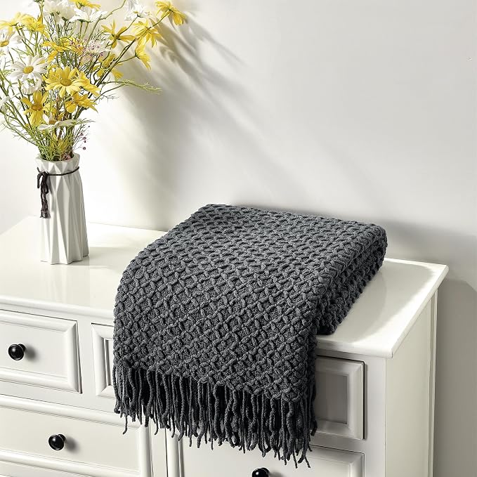 CREVENT Farmhouse Boho Knitted Throw Blanket for Couch Sofa Chair Bed Home Decoration, Soft Warm Cozy Light Weight for Spring Summer Fall (50''X60'' Dark Grey)
