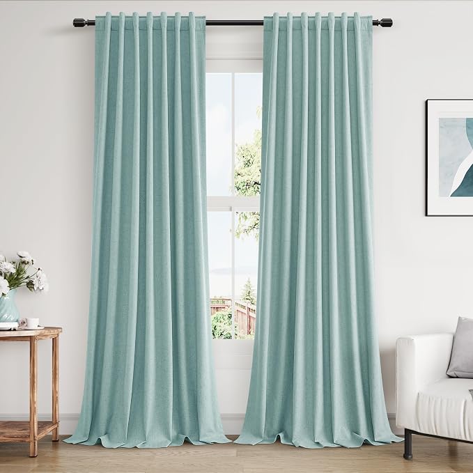 Guken 100% Blackout Linen Curtains 102 Inch Length 2 Panels Set for Living Room Bedroom Back Tab Thermal Insulated Black Out Linen Drapes Room Darkening Window Curtains,Light Blue