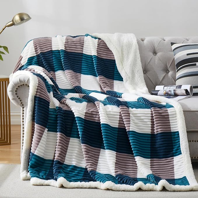 PU MEI Sherpa Blanket Twin Plaid Thick Bed Blanket, 90”*80” Super Soft Flannel Fuzzy Fleece Reversible Velvet Plush Warm Blanket for Couch (Teal Check, 80"*90")