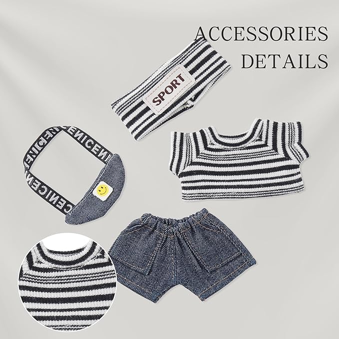 17cm Doll Clothes 4-Piece Outfit Set for 17cm Dolls Handmade Sport Style with Striped Headband, Top, Jeans & Mini Denim Backpack Accessories for Plush Dolls, Clothes Only
