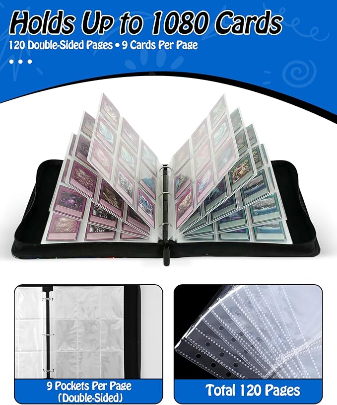 Trading Card Binder, 9-Pocket, Holds 1080 Cards, 120 Pages Side-Loading Card Album, PU Leather, Acid-Free Archival Sleeves, Durable Organizer for MTG, TCG & Sports Cards, Gift for Kids, Boys and Girls