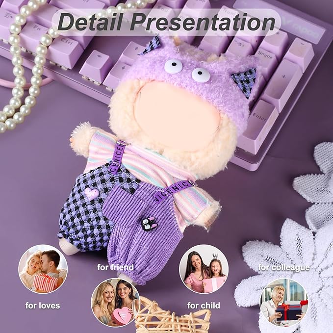 17cm Doll Clothes Set (No Doll) – Outfit with Hat & Overalls, Handmade Accessories for Mini Dolls, OB11-Compatible Dress-Up Gift (Purple Cat)