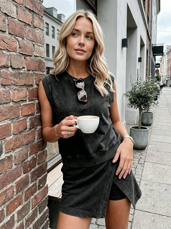 Women 2pc Mineral Wash Athletic Lounge Tank Skirt Set | Soft mineral wash cotton,Breathable.Relaxed lined split skirt.Ideal for travel,lounge,gym,workout casual daily wear