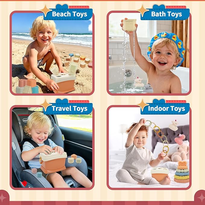 Shape Sorter for Toddler 1-3, 5 in 1 Montessori Baby Toys for Infants 6-48 Months, Sorting & Stacking Toy for Fine Motor Skills, Sensory Learning Set with Rings Link, Birthday Gift