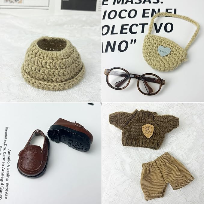 17cm Doll Clothes 6 PCs Accessories Outfits Brown Shoes Sweater Glasses Pants Hat Crochet Clothing Set for Keychain, No Doll(Brown)