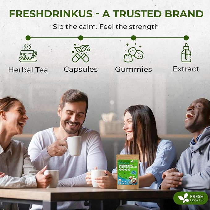 FreshDrinkUS, Memory Brain Booster Herbal Tea – 40 Tea Bags – Ginkgo Biloba, Gotu Kola, Lion's Mane & MCT Coconut Oil – Smooth, Earthy Flavor – Caffeine-Free – Daily Herbal Blend for Anytime Use