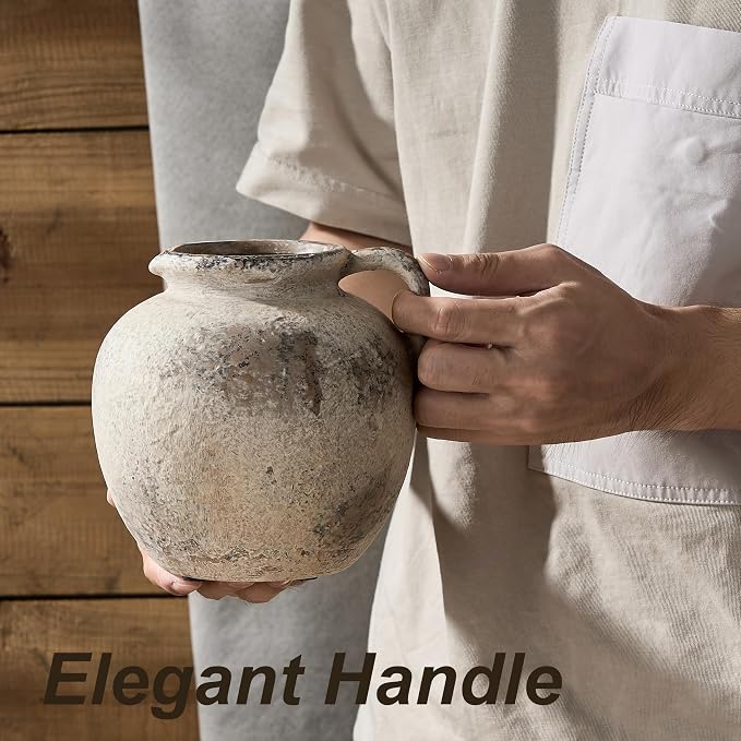 PORCER Antique Terracotta Vase with Handle, 5.6 Inch Farmhouse Ceramic Vase Boho Decor Decorative Vase, Rustic Vase for Home Decor, Living Room, Table, Wedding - Distressed Design, Gray