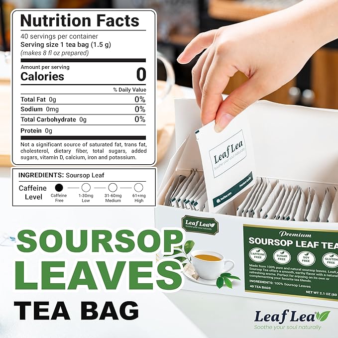 LeafLea 160 Premium Soursop Tea Bags, Natural & Pure Soursop Graviola Tea Leave, Hoja Guanabana Leaf Herbal Tea Bags Variety Pack of 4, Digestive Support, Nutrient-Rich, Vegan, Sugar/Caffeine Free