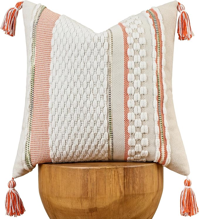 Chenille Striped Textured Boho Throw Pillow Covers Aesthetic with Tassels Woven Decorative Pillow Case for Couch Bed Sofa Bedroom Modern Funky 18 x 18-Inch White Orange