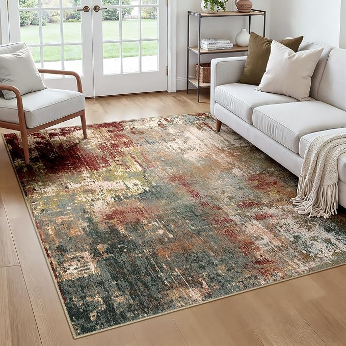 RELEANY Washable Square 6'x6' Area Rug for Living Room Rustic Brown | carpet for bedroom, kitchen, office, hallway and entryway, printed pattern, non-slip, soft, stain-resistant, easy to clean