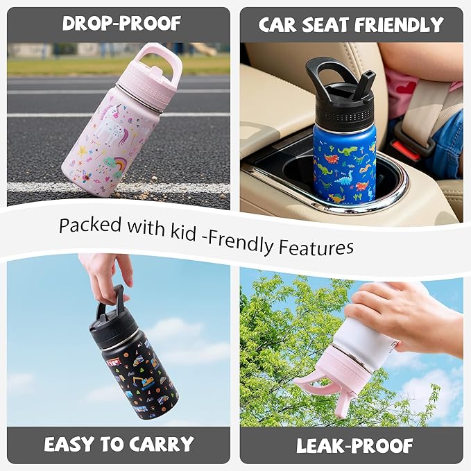 Kids Water Bottle,14oz Stainless Steel Insulated Water Tumbler Leak-Proof,School Water Mug,Small and Portable,Suitable for Boys and Girls to Use(Black cartoon car)