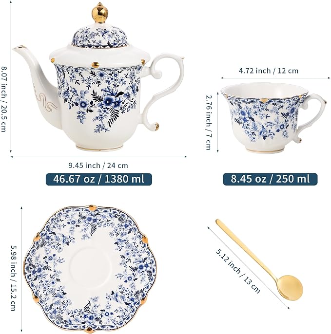 TATSUMI Country Roses Porcelain Tea Set, European Ceramic tea set for adults,Vintage Style, For Women and Tea Parties (BLUE, 13 Pieces Set)