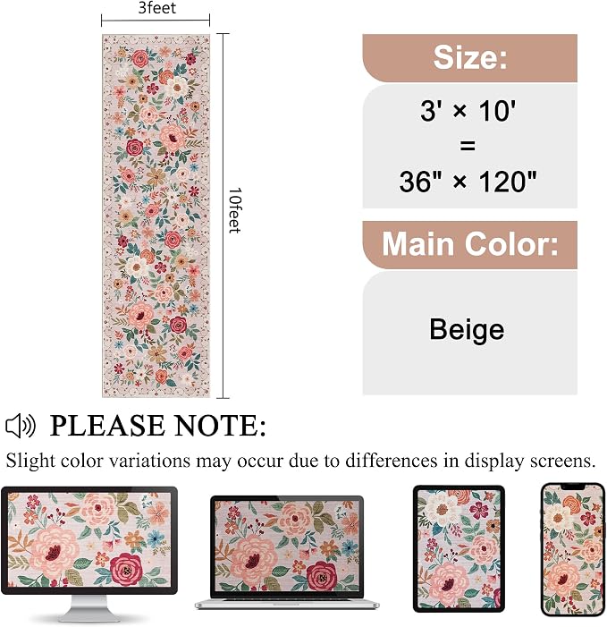 DUKINO 3x10 Runner Rug, Floral Washable Kitchen Runner Rug Non Slip, Beige | Soft, Low Pile, Stain Resistant Indoor Rug Runner for Hallway, Entryway, Bedroom, Bathroom, Modern Home Decor, Pet Friendly